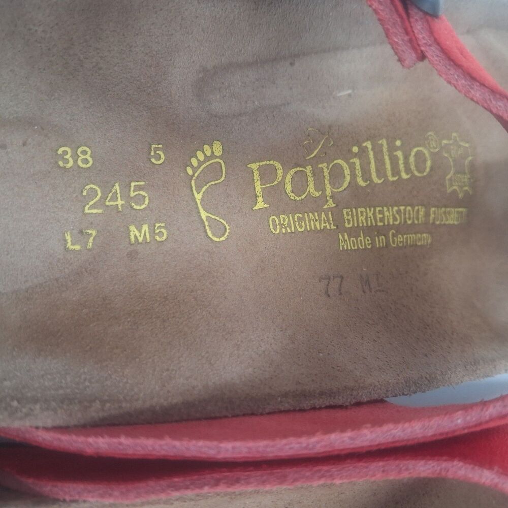 Birkenstock Papillio Sandals Size 38/ 7 Red Suede Gizeh Glitter Sparkle Hearts - Picture 7 of 8